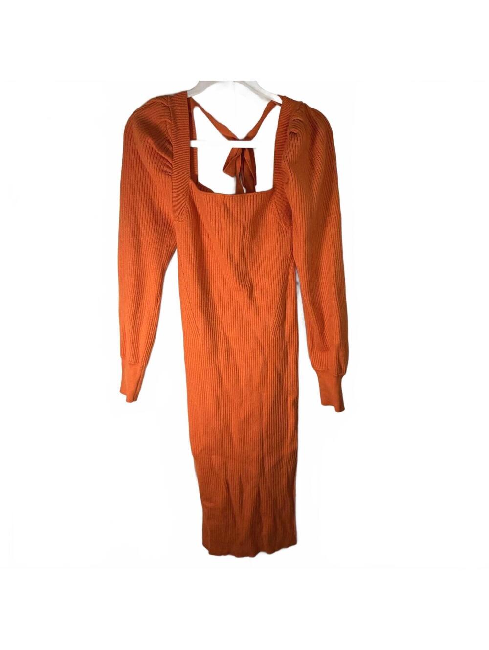House of Harlow Orange Knit Sweater Bodycon Midi Dress M Puff Sleeve - Picture 2 of 8